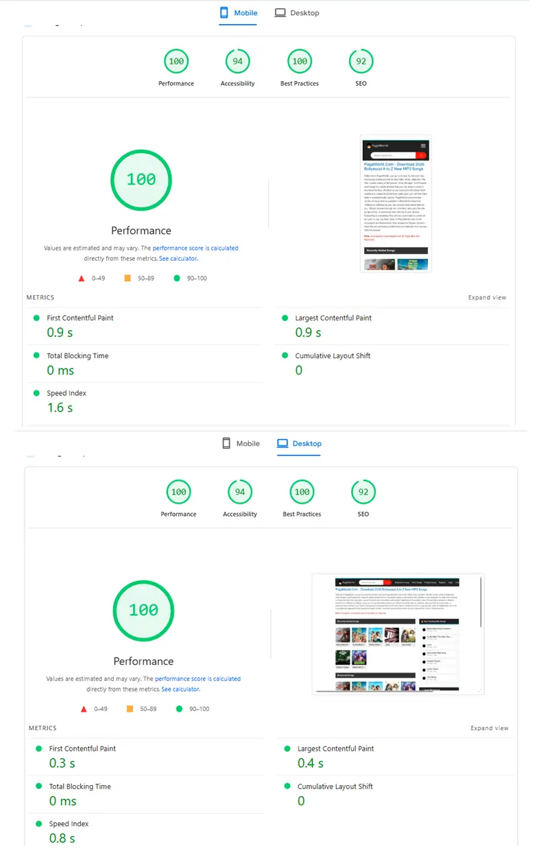 WP PagalWorld Speed Test Results