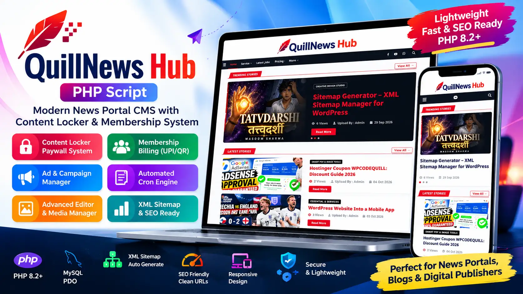 QuillNews Hub – PHP News CMS Script with Content Locker & Membership