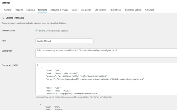 Crypto Manual Payments Gateway  WooCommerce Plugin
